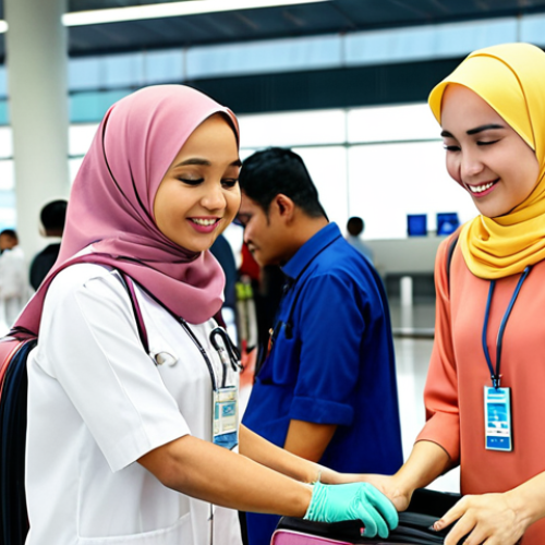 A friendly Medical Tourism Coordinator assisting a patient (wearing a hijab) with their luggage at KLIA (Kuala Lumpur International Airport), showcasing excellent communication and care.