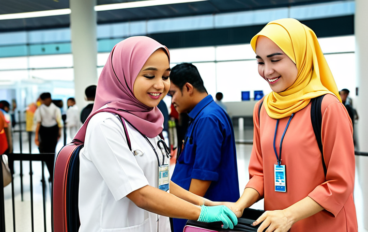 A friendly Medical Tourism Coordinator assisting a patient (wearing a hijab) with their luggage at KLIA (Kuala Lumpur International Airport), showcasing excellent communication and care.