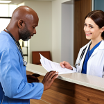 **A friendly medical tourism coordinator warmly assisting a patient with paperwork in a modern hospital lobby. The scene evokes trust and reassurance, focusing on the coordinator's empathy and professionalism.** (Focus: Human touch, support, modern healthcare)