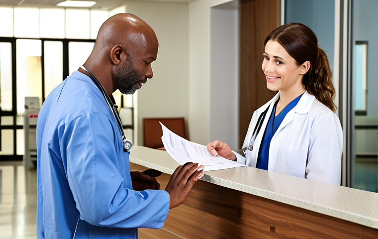 **A friendly medical tourism coordinator warmly assisting a patient with paperwork in a modern hospital lobby. The scene evokes trust and reassurance, focusing on the coordinator's empathy and professionalism.** (Focus: Human touch, support, modern healthcare)