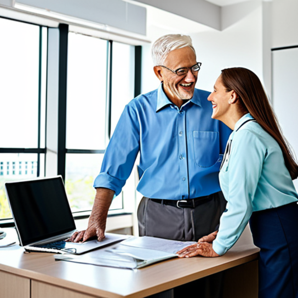 **

A cheerful medical tourism coordinator, fully clothed in a professional, modest blouse and skirt, assisting a senior couple with their travel arrangements in a bright, modern office. Sunlight streams through the window. Perfect anatomy, natural pose, appropriate content, safe for work, professional photography, high quality.

**