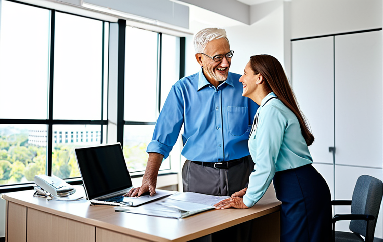 **

A cheerful medical tourism coordinator, fully clothed in a professional, modest blouse and skirt, assisting a senior couple with their travel arrangements in a bright, modern office. Sunlight streams through the window. Perfect anatomy, natural pose, appropriate content, safe for work, professional photography, high quality.

**