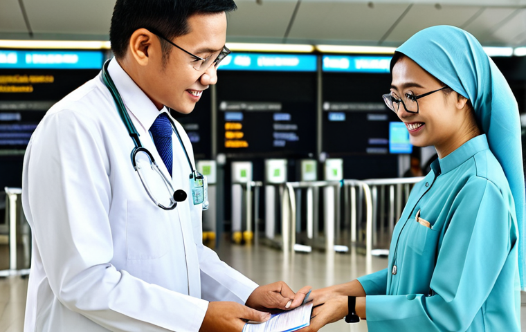 **

"A friendly Malaysian medical tourism coordinator in professional attire, assisting a patient with their travel documents in a modern Kuala Lumpur airport. Focus on the helpful interaction, demonstrating excellent communication. Safe for work, appropriate content, fully clothed, professional, modest, family-friendly, perfect anatomy, correct proportions, natural pose, well-formed hands, proper finger count, natural body proportions, high quality."

**