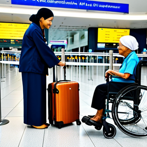 의료관광코디네이터 관련 학과 소개 - "A professional medical tourism coordinator in modest attire, assisting an elderly patient with lugg...