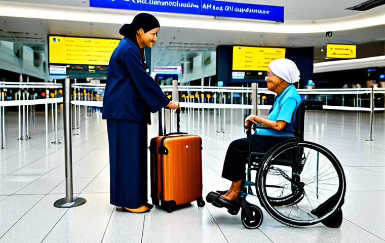 의료관광코디네이터 관련 학과 소개 - "A professional medical tourism coordinator in modest attire, assisting an elderly patient with lugg...